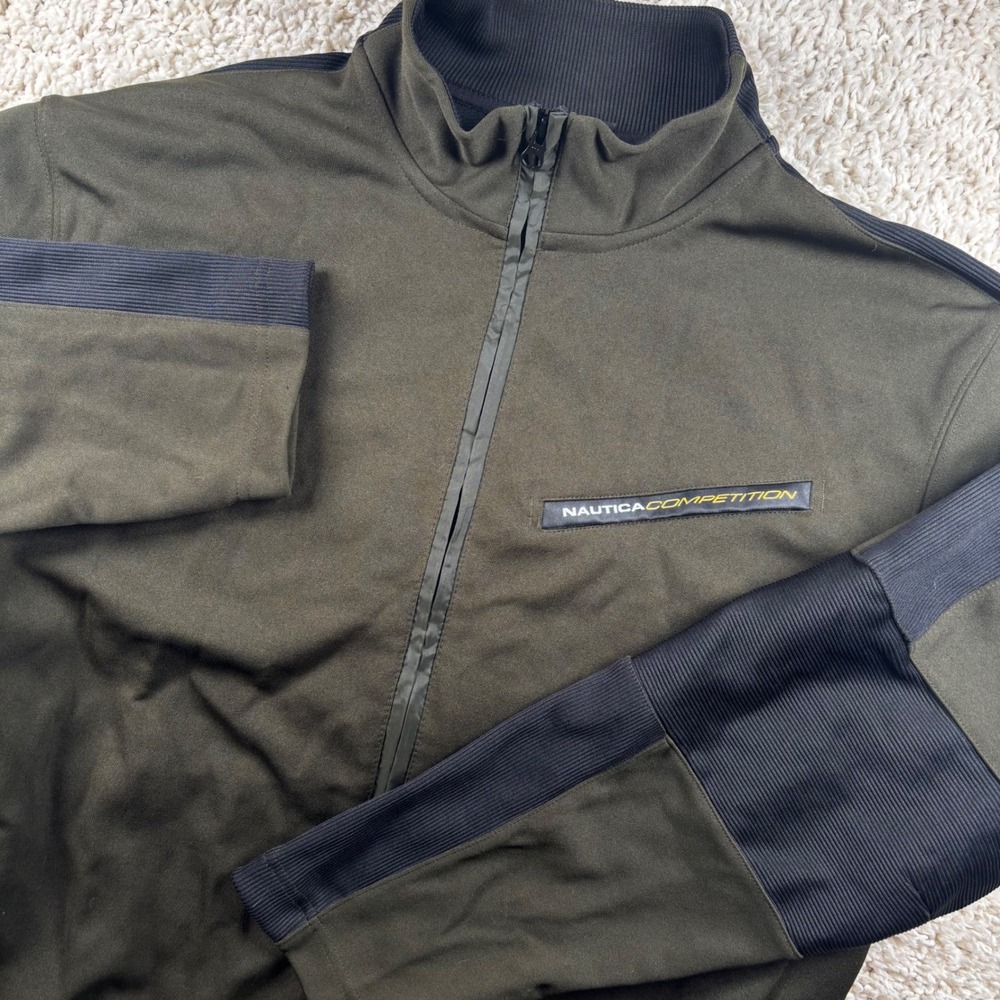 Nautica Competition Mens Track Jacket XL Green Black Full Zip Mock Neck USA Made